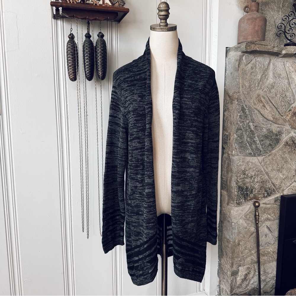 Eileen Fisher Marley Black Space Dye Organic Cotton Striped Cardigan